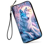 SDDFRHGH Wristlet Wallets for Women,Large Capacity RFID Blocking Leather Zip Around Travel Wallet Phone Purse Clutch Bag w/12 Cards Holder & Zip Inner Pocket, White wolf with Cherry Blossoms