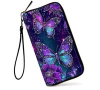 SDDFRHGH Wristlet Wallets for Women,Large Capacity RFID Blocking Leather Zip Around Travel Wallet Phone Purse Clutch Bag w/12 Cards Holder & Zip Inner Pocket, Sparkling Blue Purple Butterflies