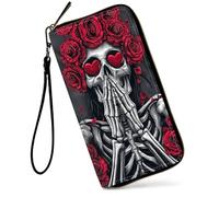 SDDFRHGH Wristlet Wallets for Women,Large Capacity RFID Blocking Leather Zip Around Travel Wallet Phone Purse Clutch Bag w/12 Cards Holder & Zip Inner Pocket, Red Rose Skull