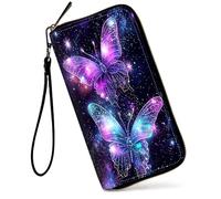SDDFRHGH Wristlet Wallets for Women,Large Capacity RFID Blocking Leather Zip Around Travel Wallet Phone Purse Clutch Bag w/12 Cards Holder & Zip Inner Pocket, Sparking Purple Blue Butterflies