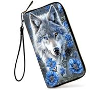 SDDFRHGH Wristlet Wallets for Women,Large Capacity RFID Blocking Leather Zip Around Travel Wallet Phone Purse Clutch Bag w/12 Cards Holder & Zip Inner Pocket, White wolf with Blue Flowers