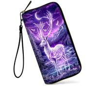 SDDFRHGH Wristlet Wallets for Women,Large Capacity RFID Blocking Leather Zip Around Travel Wallet Phone Purse Clutch Bag w/12 Cards Holder & Zip Inner Pocket, Purple Spirit Deer In Forest
