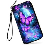 SDDFRHGH Wristlet Wallets for Women,Large Capacity RFID Blocking Leather Zip Around Travel Wallet Phone Purse Clutch Bag w/12 Cards Holder & Zip Inner Pocket, Purple Butterflies Fly to Moon
