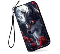 SDDFRHGH Wristlet Wallets for Women,Large Capacity RFID Blocking Leather Zip Around Travel Wallet Phone Purse Clutch Bag w/12 Cards Holder & Zip Inner Pocket, Wolf with Moon Red Rose