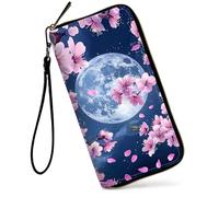 SDDFRHGH Wristlet Wallets for Women,Large Capacity RFID Blocking Leather Zip Around Travel Wallet Phone Purse Clutch Bag w/12 Cards Holder & Zip Inner Pocket, Pink Blooming Flowers Full Moon