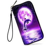 SDDFRHGH Wristlet Wallets for Women,Large Capacity RFID Blocking Leather Zip Around Travel Wallet Phone Purse Clutch Bag w/12 Cards Holder & Zip Inner Pocket, Dolphin Jumping under Purple moon