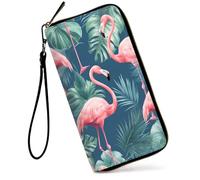 SDDFRHGH Wristlet Wallets for Women,Large Capacity RFID Blocking Leather Zip Around Travel Wallet Phone Purse Clutch Bag w/12 Cards Holder & Zip Inner Pocket, Flamingos Palm Leaves