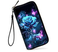 SDDFRHGH Wristlet Wallets for Women,Large Capacity RFID Blocking Leather Zip Around Travel Wallet Phone Purse Clutch Bag w/12 Cards Holder & Zip Inner Pocket, Glowing Blue Rose with Butterflies