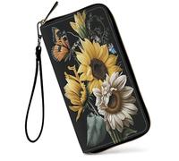 SDDFRHGH Wristlet Wallets for Women,Large Capacity RFID Blocking Leather Zip Around Travel Wallet Phone Purse Clutch Bag w/12 Cards Holder & Zip Inner Pocket, Sunflowers Daffodils Butterflies