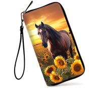 SDDFRHGH Wristlet Wallets for Women,Large Capacity RFID Blocking Leather Zip Around Travel Wallet Phone Purse Clutch Bag w/12 Cards Holder & Zip Inner Pocket, Horse in the Sunflower field