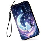 SDDFRHGH Wristlet Wallets for Women,Large Capacity RFID Blocking Leather Zip Around Travel Wallet Phone Purse Clutch Bag w/12 Cards Holder & Zip Inner Pocket, Cute Ghost Sitting On The Moon