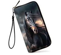 SDDFRHGH Wristlet Wallets for Women,Large Capacity RFID Blocking Leather Zip Around Travel Wallet Phone Purse Clutch Bag w/12 Cards Holder & Zip Inner Pocket, Black Horse Running