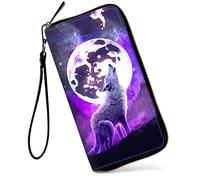 SDDFRHGH Wristlet Wallets for Women,Large Capacity RFID Blocking Leather Zip Around Travel Wallet Phone Purse Clutch Bag w/12 Cards Holder & Zip Inner Pocket, Purple Wolf Full Moon