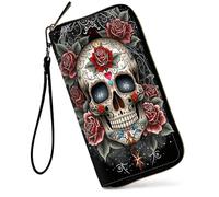 SDDFRHGH Wristlet Wallets for Women,Large Capacity RFID Blocking Leather Zip Around Travel Wallet Phone Purse Clutch Bag w/12 Cards Holder & Zip Inner Pocket, Sugar kull with Roses Gothic Art