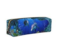 SDEGTHO 3D Underwater World Fish Dolphi Print Leather Pencil Case for Students, Simple Pen Bag for Boys Girls Small Zipper Pouch for School Supplies, Markers, Makeups, Coins