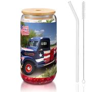 SDEGTHO 4th Of July Patriotic Trucks Printing Glass Cups With Lids And Glass Straw 16oz Drinking Glasses Cups For Coffee,Tea,Soda
