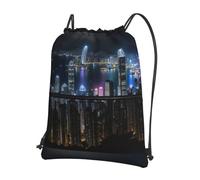 SDEGTHO Aerial Night of View Hong Kong Print Zipper Backpack, Water Resistant Drawstring Bag, Compact Foldable for Sports Yoga Dance