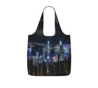 SDEGTHO Aerial Night of View Hong Kong Printed Foldable Shopping Bag Reusable, Large Capacity Tote for Grocery, Travel and Commuting