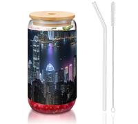 SDEGTHO Aerial Night of View Hong Kong Printing Cute Drinking Glasses with Glass Straw 16 Ounce for Beer Iced Coffee Whiskey Gift
