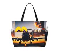 SDEGTHO Aircraft Plane At Sunset Large Capacity Foldable Tote Bag Women Beach Tote Bag Handbag Gym Bag Travel Shopping Bag, Black, One Size