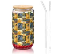 SDEGTHO Ancient Egypt Tribe Series Printing Cute Drinking Glasses with Glass Straw 16 Ounce for Beer Iced Coffee Whiskey Gift