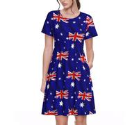 SDEGTHO Australian Flag Spring Women's Soft Short Sleeve Dress with Pockets, Printed A-Line Knee-Length Dress for Mother's Day, Valentine's, Birthday Black