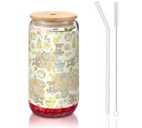 SDEGTHO Bear Printing Cute Drinking Glasses with Glass Straw 16 Ounce for Beer Iced Coffee Whiskey Gift