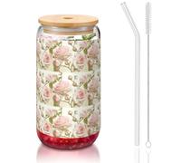 SDEGTHO Beauty Pink Roses Printing Cute Drinking Glasses with Glass Straw 16 Ounce for Beer Iced Coffee Whiskey Gift