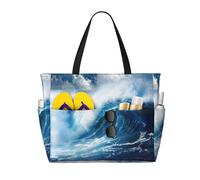 SDEGTHO Big Ocean Wave Hd Large Capacity Foldable Tote Bag Women Beach Tote Bag Handbag Gym Bag Travel Shopping Bag, Black, One Size