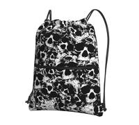 SDEGTHO Black and White Human Skull Print Zipper Backpack, Water Resistant Drawstring Bag, Compact Foldable for Sports Yoga Dance