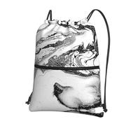 SDEGTHO Black and White Marble Print Zipper Backpack, Water Resistant Drawstring Bag, Compact Foldable for Sports Yoga Dance