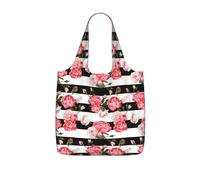 SDEGTHO Black White Striped Flowers Print Packable Grocery Shopper Reusable Tote 25l Polyester Shoulder Bag Modern Holiday Gift