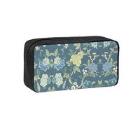 SDEGTHO Blue and Yellow Flowers Printed Aesthetic Pen Bag with Elastic Loops, Large Open-Top Pencil Case for Desk and Backpack