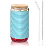 SDEGTHO Blue Striped Printing Cute Drinking Glasses with Glass Straw 16 Ounce for Beer Iced Coffee Whiskey Gift