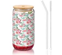 SDEGTHO Cactus Flamingo Rose Flowers Printing Cute Drinking Glasses with Glass Straw 16 Ounce for Beer Iced Coffee Whiskey Gift