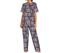 SDEGTHO Cartoon Cute Elephant Printed 2 Piece Pajama Set for Women, Short Sleeve Top and Pants, Stretchy Soft Lounge Set Black