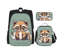 SDEGTHO Cartoon Cute Raccoon Bookbag Set Includes Large Capacity Backpack,Lunch Box And Pencil Case 3 Pieces Bagpack Sets, Black, One Size