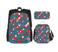 SDEGTHO Cartoon Rockets Bookbag Set Includes Large Capacity Backpack,Lunch Box And Pencil Case 3 Pieces Bagpack Sets, Black, One Size
