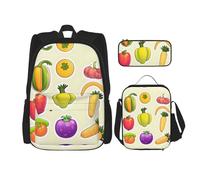 SDEGTHO Cartoon Vegetable Fruits Bookbag Set Includes Large Capacity Backpack,Lunch Box And Pencil Case 3 Pieces Bagpack Sets, Black, One Size