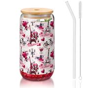 SDEGTHO Cityscape Paris Eiffel Tower France Printing Cute Drinking Glasses with Glass Straw 16 Ounce for Beer Iced Coffee Whiskey Gift