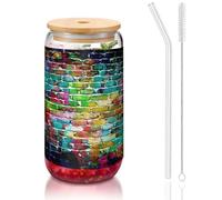 SDEGTHO Colorful Brick Wall Printing Cute Drinking Glasses with Glass Straw 16 Ounce for Beer Iced Coffee Whiskey Gift
