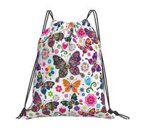 SDEGTHO Colorful Butterflies And Flowers Printed Drawstring Backpack Gym Bag, Lightweight Water-Resistant Sports Backpack For Men Women, Yoga, Running, Workout