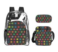 SDEGTHO Colorful Cannabis Leaves Printed See-Through School Bag Bundle, Sturdy Handle 3pc Set, Events Stadium Concerts Approved
