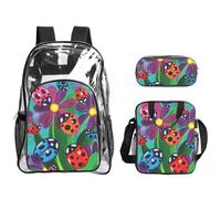 SDEGTHO Colorful Ladybird Printed See-Through School Bag Bundle, Sturdy Handle 3pc Set, Events Stadium Concerts Approved