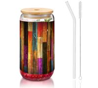 SDEGTHO Colorful Painted Wood Printing Cute Drinking Glasses with Glass Straw 16 Ounce for Beer Iced Coffee Whiskey Gift