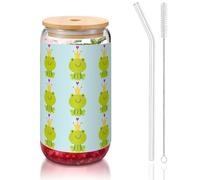 SDEGTHO Crown Frog Printing Cute Drinking Glasses with Glass Straw 16 Ounce for Beer Iced Coffee Whiskey Gift