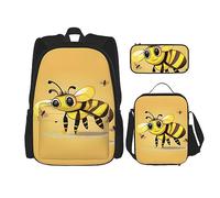 SDEGTHO Cute Cartoon Bee Bookbag Set Includes Large Capacity Backpack,Lunch Box And Pencil Case 3 Pieces Bagpack Sets, Black, One Size