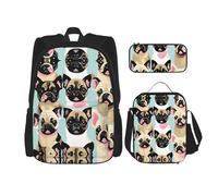 SDEGTHO Cute Chihuahua Pug Bookbag Set Includes Large Capacity Backpack,Lunch Box And Pencil Case 3 Pieces Bagpack Sets, Black, One Size
