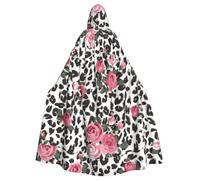 SDEGTHO Cute Pink Rose Mix Leopard Pattern Gothic Robe Wizard Cloak Adult Long Cape For Masquerade Medieval Halloween Costume