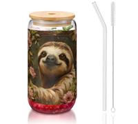 SDEGTHO Cute Sloth Printing Glass Cups With Lids And Glass Straw 16oz Drinking Glasses Cups For Coffee,Tea,Soda